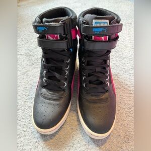 Women’s Puma Black High-Top Wedge Sneakers with Pink & Blue Accents
